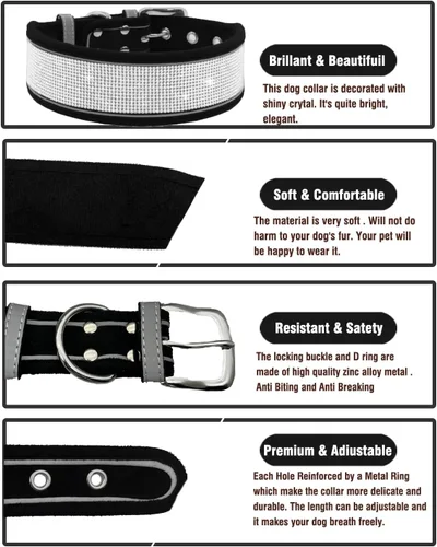 Miniatura 3 de Collar de perro con diamantes de imitación, suave, cómodo, elegante, con rayas reflectantes brillantes, collar de cristal de diamante ajustable