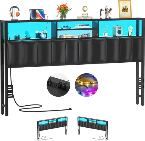 Miniatura 20 de Cabecero Aheaplus para Cama Individual con Almacenamiento, Cabeceros con Enchufes, Puertos USB y Luz LED, Cabecero Individual Solo, Altura