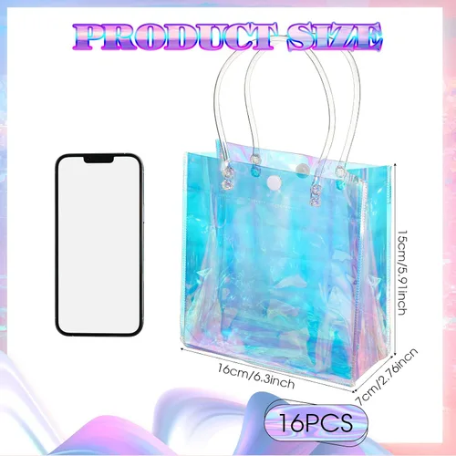 Miniatura 2 de Sherr 16 piezas bolsas de regalo pequeñas holográficas reutilizables iridiscentes transparentes para mujeres, portador de plástico de PVC con asas