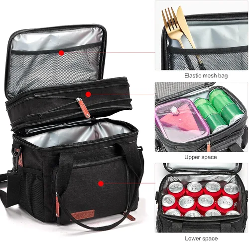 Miniatura 2 de MOV COMPRA Bolsas de almuerzo para hombres y mujeres, lonchera negra para adultos, para el trabajo, ampliable, a prueba de fugas, doble cubierta