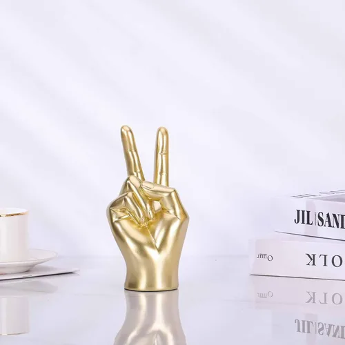 Miniatura 3 de LCCCK Escultura de mano dorada para decoración de signo de paz, estatua de mano de gesto genial para estantes, regalo extraño escultura funky