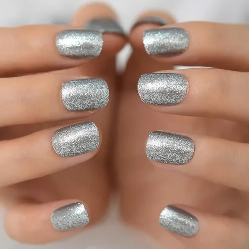Miniatura 10 de Coolnail Uñas acrílicas clásicas a presión con flores cortas, uñas cuadradas de diseño natural, uñas postizas con purpurina para uso diario