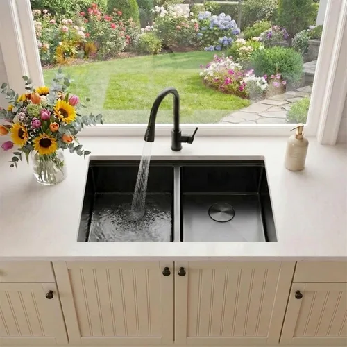 Miniatura 3 de Fregadero de Cocina de Doble Tazón 30" X 18", Fregadero de Cocina Negro de Montaje Inferior, Fregaderos Dobles de Montaje Inferior de Acero Acero