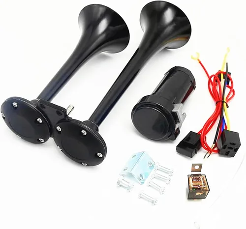 Miniatura 10 de Bocina de aire de 12 V 150 DB Bocina de coche 17.7 in Altavoz de coche Negro Cromo Zinc Trompeta simple Bocina súper fuerte con bomba de aire Bocina