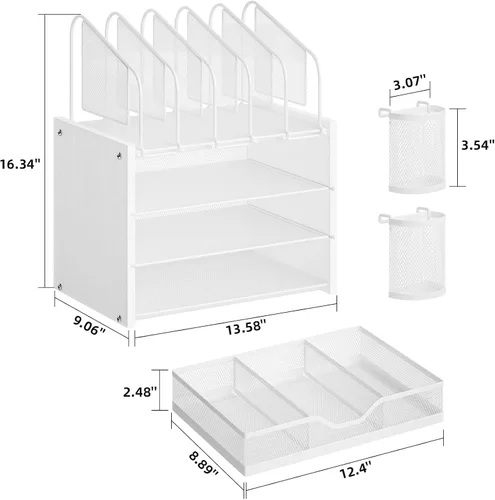 Miniatura 6 de Marbrasse Organizador de escritorio con cajón, organizador de archivos de malla de 4 niveles con 5 soportes verticales para archivos y 2 soportes