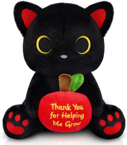 Peluche de gato negro con manzana roja, regalo de agradecimiento para profesores, agradecimiento por ayudarme a crecer, bonito peluche de gato de 8
