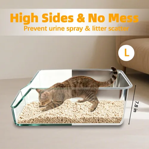 Miniatura 5 de Caja de arena para gatos de acero inoxidable con lados altos, bandeja de arena de metal extragrande para gatos, caja de entrada baja para gatos