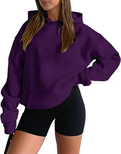 Miniatura 17 de onlypuff Sudadera casual con capucha para mujer, de manga larga, con bolsillo de canguro, hombro caído