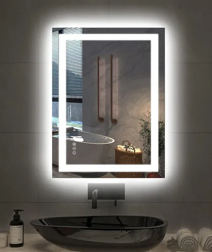 Amorho Espejo de baño LED de 24 x 32 pulgadas con luces, iluminación frontal y retroiluminación, regulable continuamente, antiniebla, vidrio Frente