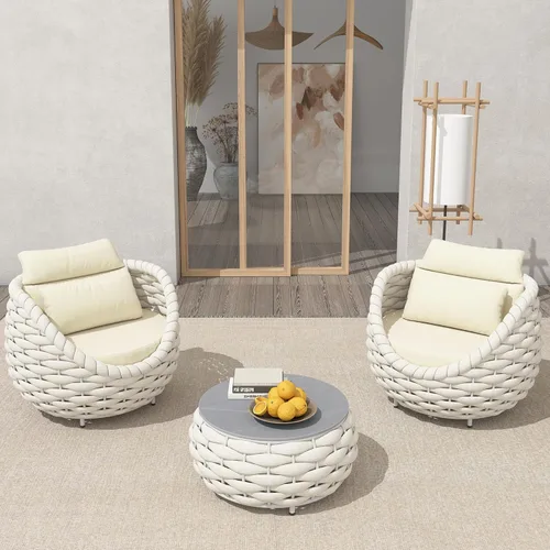 Miniatura 47 de TWT 3-Piece Woven Rope Patio Furniture Set, 2 Outdoor Armchairs with Soft Cushions + Round Aluminum Coffee Table, All-Weather Conversation Set for