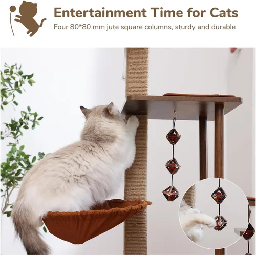 Miniatura 7 de FUKUMARU Árbol para gatos, torre grande y moderna 4 en 1 para gatos con poste rascador de yute y hamaca, condominio de madera para gatos con bolas