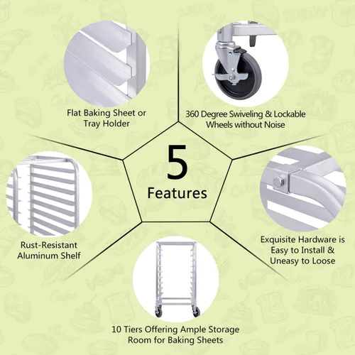 Miniatura 3 de Giantex Estante de aluminio para panadería de 10 niveles, bandeja para bollos de cocina comercial, carrito móvil para panaderos con estantes