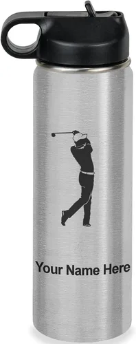 Miniatura 49 de LaserGram Botella de agua personalizada, golfista de golf, acero inoxidable de doble pared aislada al vacío con popote superior, regalo grabado Negro
