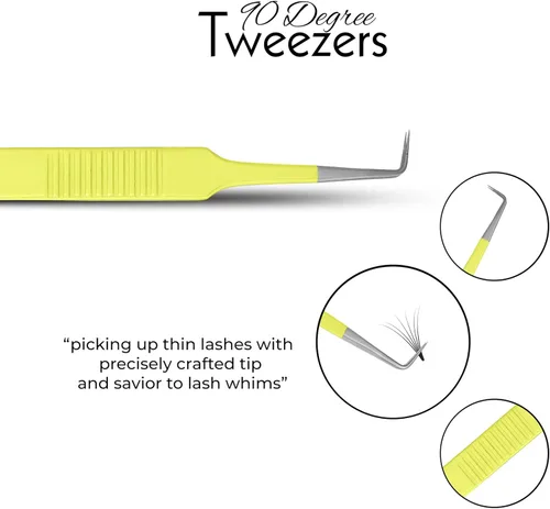 Miniatura 4 de SIVOTE Pinzas de pestañas para extensiones de pestañas, puntas de fibra, juego de 3, volumen, bota de volumen, pinzas de 90 grados, azul, amarillo
