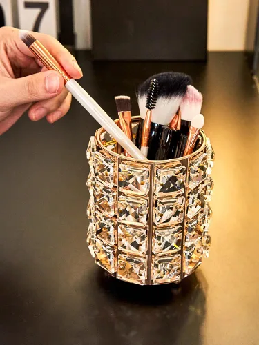 Miniatura 6 de Organizador de brochas de maquillaje de cristal dorado para cosméticos, brochas de peine, estuche de almacenamiento para lápices de cejas, dorado