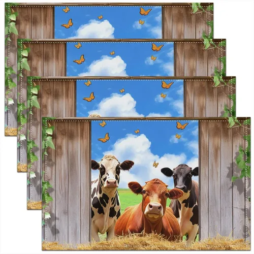 Juego de 4 manteles individuales de vaca acuarela de 12 x 18 pulgadas, bonitos animales de granja, hojas silvestres, manteles individuales para