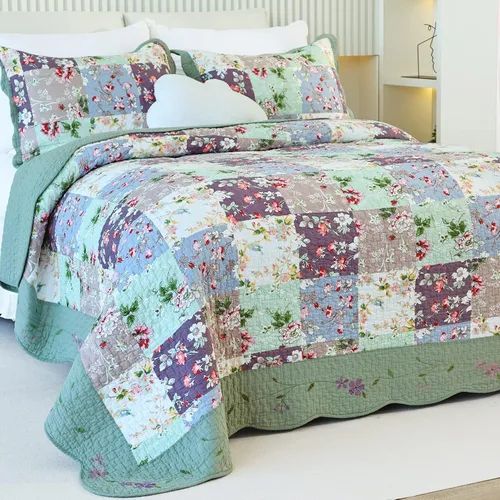 Miniatura 10 de EVENHUG Juego de edredón de retazos de 100% algodón, tamaño King, ligero, floral, juego de ropa de cama, colcha reversible con fundas de almohada