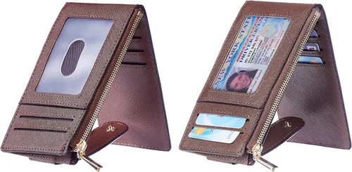 Miniatura 2 de Chelmon Billetera delgada para mujer, con bloqueo RFID, plegable, con bolsillo con cremallera, Marrón intenso, Minimalista
