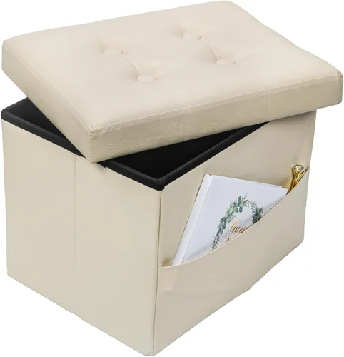 Miniatura 23 de Bsketa Otomana Taburete Reposapiés de Almacenamiento, Banco Pequeño de Otomanas de Almacenamiento de Cuero, Taburete Plegable con Tapa con Asas