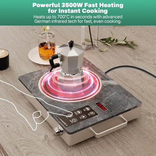 Miniatura 4 de 3500W Single Ceramic Hob with Marble Finish, Portable Infrared Hot Plate with Rotary Control, Safety Lock & Timer, Electric Cooker Compatible with