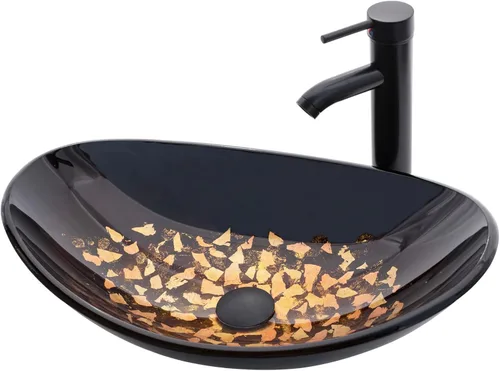 Lavabo Vessel para Baño, Lavabos de Vidrio Templado Cuenca de Arte 20.8"x13.7" Cuenco Ovalado Sobre Encimera con Grifo y Desagüe Pop-Up Combo, Marrón