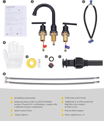 Miniatura 6 de WOWOW Grifo de baño de 2 manijas de bronce aceitado grifo de lavabo de baño de 3 agujeros con drenaje emergente y mangueras de suministro grifo