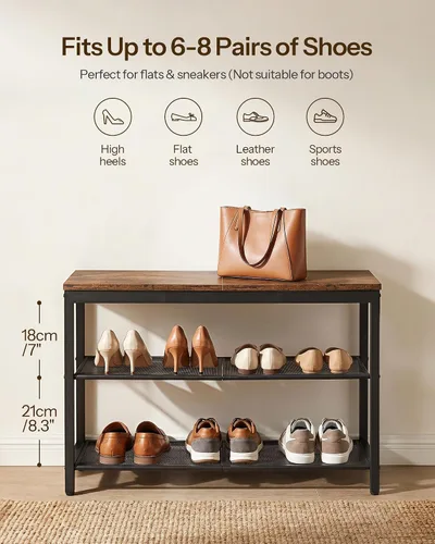 Miniatura 7 de HOOBRO Banco de zapatos de 3 niveles, organizador industrial de zapatos, banco de almacenamiento de 29.5 pulgadas con estantes de malla, para Marrón