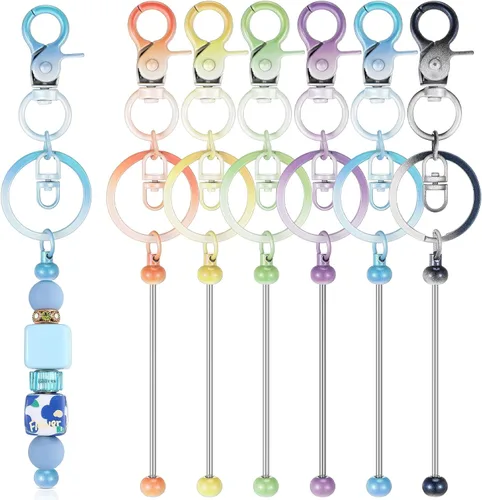 Miniatura 9 de Huwena 6 piezas de llaveros con cuentas, barras en blanco, llavero de cuentas de metal para colgante, manualidades, joyería, regalo