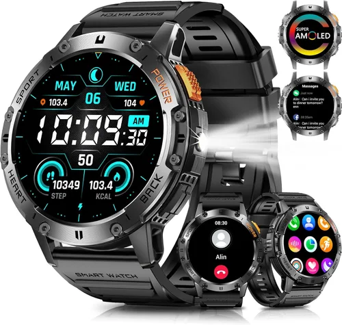Miniatura 12 de Relojes inteligentes militares para hombres con llamada Bluetooth, reloj inteligente impermeable AMOLED de 1.43" con linterna, rastreador de fitness