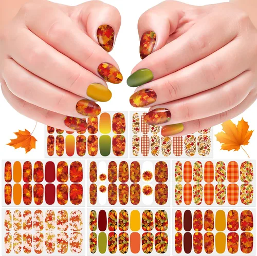 8 hojas de esmalte de uñas de otoño para mujer, hojas de arce, tiras de esmalte de uñas de gel, autoadhesivas, manicura con lima y palito para Otoño