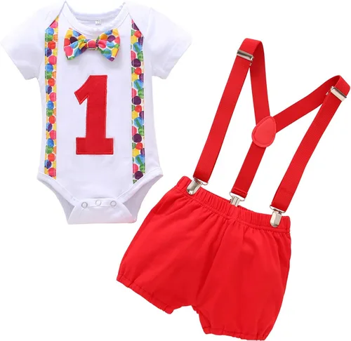 Miniatura 37 de IDOPIP Traje formal para bebé niño para el primer cumpleaños de Cake Smash con corbatín y tirantes y pantalones cortos para sesión de fotos
