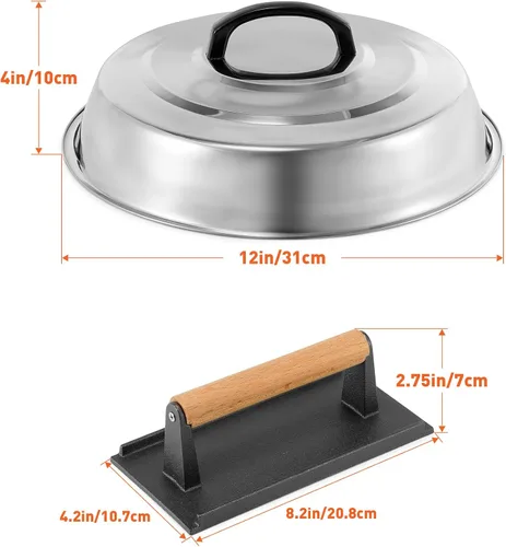 Miniatura 2 de BBQ Accessories - Cubierta redonda de acero inoxidable de 12 pulgadas, cúpula de fusión de queso, kit de prensa rectangular de hierro fundido