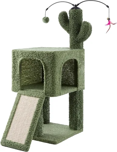 Árbol de cactus para gatos de interior de 32 pulgadas, casa para gatos 2 en 1 con poste rascador de sisal y rampa, torre para gatos de 2 niveles con
