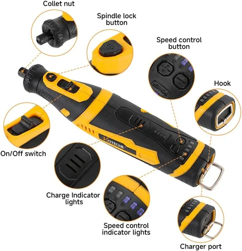 Miniatura 2 de Hoteche Mini kit de herramientas rotativas inalámbricas, batería de iones de litio de 5 velocidades de 8 V con 42 accesorios, herramienta giratoria