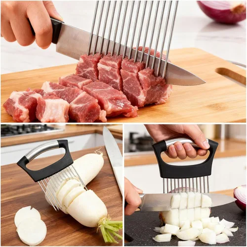Miniatura 7 de Soporte de cebolla para rebanar, cortador de verduras de limón, tomate, huevos y verduras, herramienta auxiliar para cortar papas, aguacates
