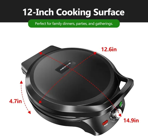 Miniatura 5 de KEINVE Plancha eléctrica de 1500 W, plancha interior 2 en 1 y máquina de pizza con temporizador de 30 minutos y apagado automático, 12 pulgadas 180°