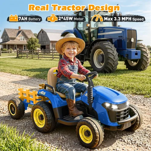 Miniatura 4 de ARBELI Tractor de paseo de 12 V 7 AH con remolque inclinable y control remoto, motores de 2 x 45 W, Bluetooth, música, palanca de cambios, juguetes
