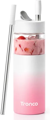 Miniatura 10 de Tronco Vaso de vidrio de 24 onzas con tapa y popote, taza de café helado, taza de batido con tapa de silicona para té Boba, hogar, oficina, viajes