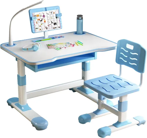 Miniatura 12 de Juego de escritorio y silla para niños, escritorio infantil de altura ajustable con cajones de almacenamiento y estantería, mesa ergonómica para Rosa