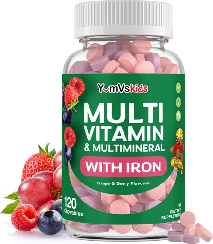YumVs Kids Multivitamínico con hierro y minerales - Tabletas masticables - Vitaminas con sabor a uva y bayas para niños pequeños y niños mayores de