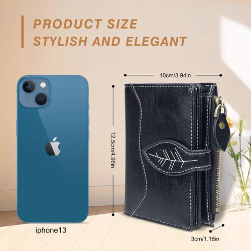 Miniatura 4 de CONISY Cartera pequeña para mujer, billetera compacta de cuero plegable con pulsera RFID bloqueo para mujer (negro)
