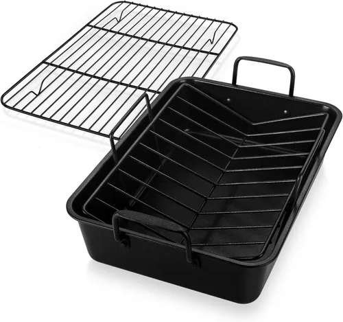 Miniatura 8 de E-far Bandeja para asar con rejillas, asador pequeño de pavo de acero inoxidable con rejilla en forma de V y rejilla de enfriamiento para horno