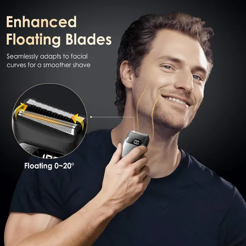 Miniatura 2 de Maquinilla de afeitar eléctrica para hombres, afeitadora de aluminio y recortador de barba para seco y húmedo, pantalla LED de batería, carga rápida