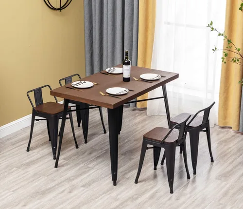 Miniatura 6 de HAOBO Home Taburetes de bar industriales de metal, taburetes de bar con respaldo bajo con asiento de madera [juego de 4] sillas de comedor de 18