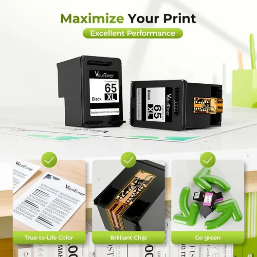 Miniatura 5 de Valuetoner - Cartucho de tinta de repuesto para HP 65 Negro, 65 XL, 65XL Negro, para impresoras HP, alto rendimiento, funciona para Envy 5055, 5052