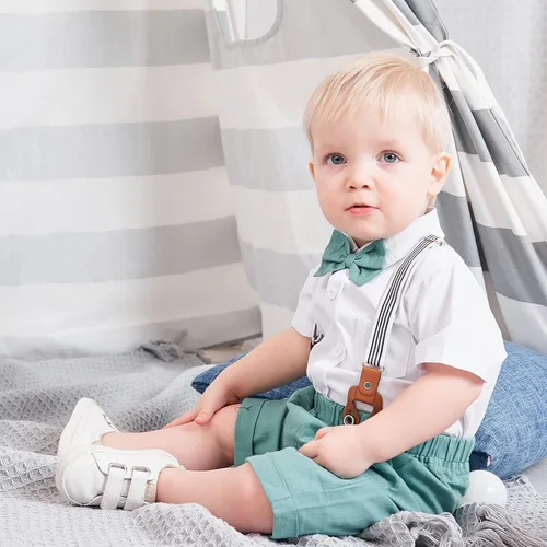 Miniatura 3 de Conjunto de traje de caballero de manga corta para bebé niño con corbatín + pantalones cortos con tirantes y pantalones cortos para bautizo festivo