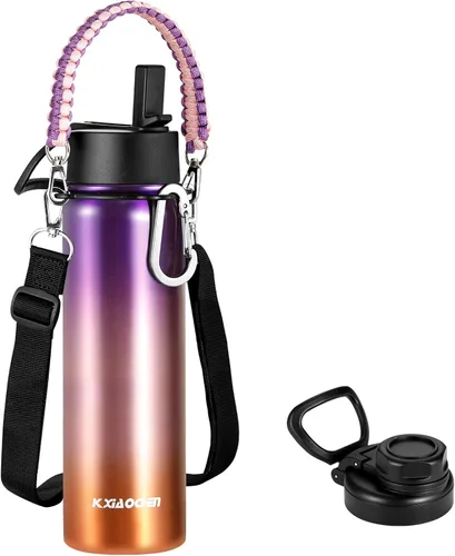 Miniatura 24 de KXIAOCHEN Botella de agua aislada, botella de agua de acero inoxidable, 2 tapas (con pajilla y tapa con asa), botellas de agua metálicas de boca
