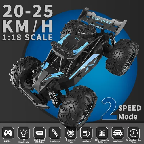Miniatura 5 de Carox Coche de control remoto y autos de control remoto, 2.4 GHz 25 KM/H de alta velocidad, camión monstruo todoterreno 1:18 con luces LED y batería