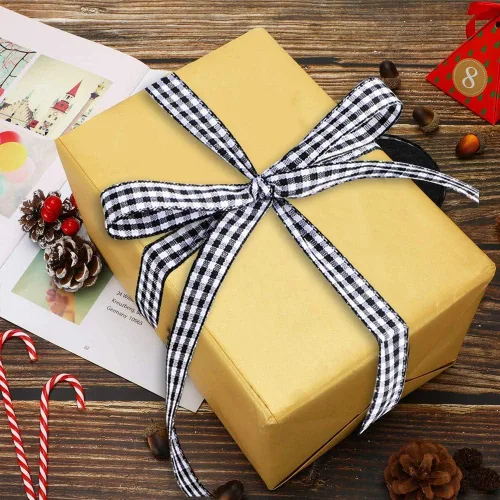 Miniatura 5 de Paquete de 2 cintas a cuadros blancos y negros de 5/8 pulgadas + cinta de cuadros de búfalo rojo y blanco, 50 yardas para decoración de fiestas