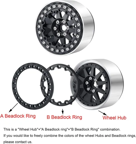 Miniatura 3 de Juego de 4 cubos de rueda de metal Beadlock de 2.2 pulgadas para Axial Wraith SCX10 90048 RR10 TRX4 D90 RC Crawler Car (negro)